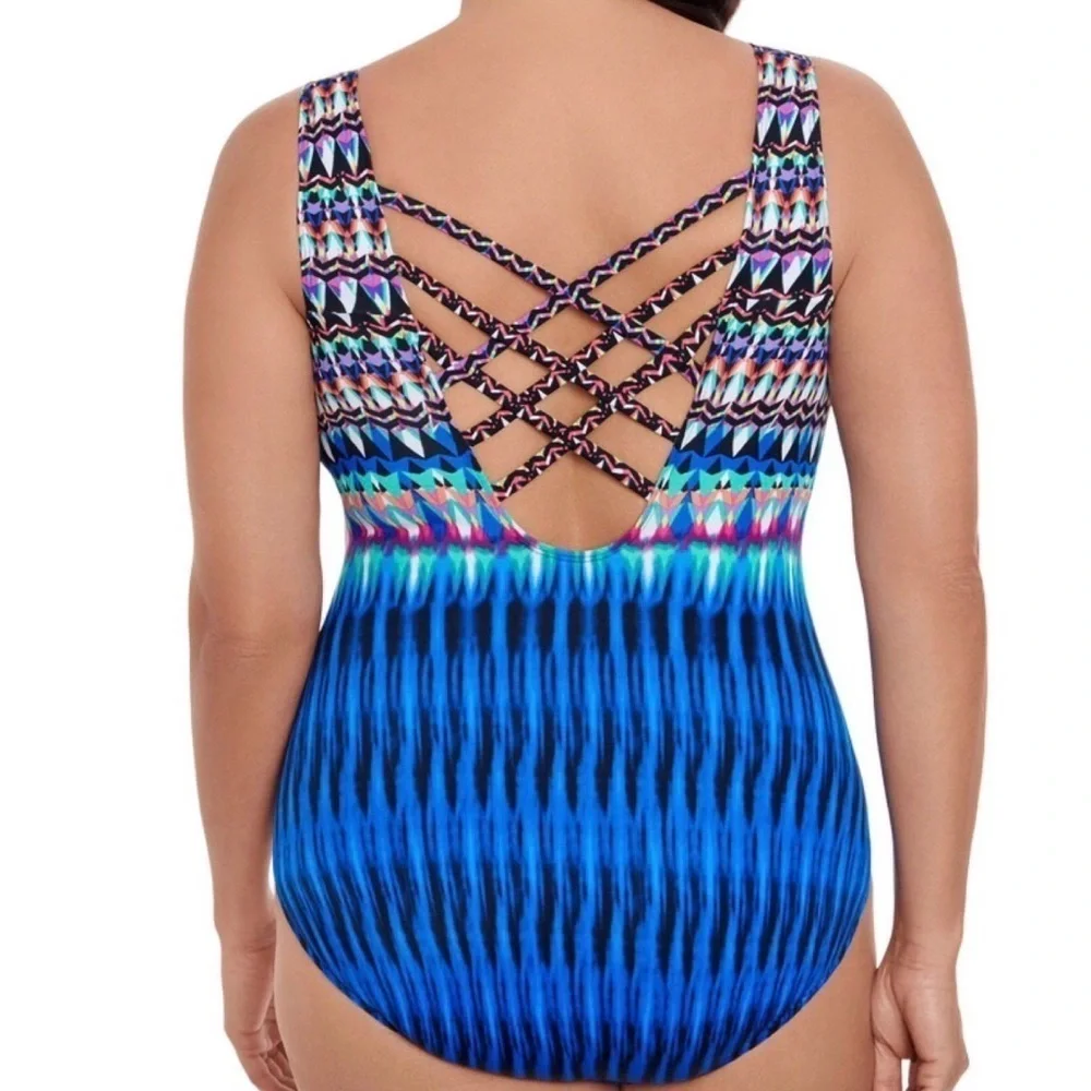 SWIM SOLUTIONS Women's Printed One-Piece Swimsuit Colorful Long Torso Size 8 NWT - Picture 3 of 4